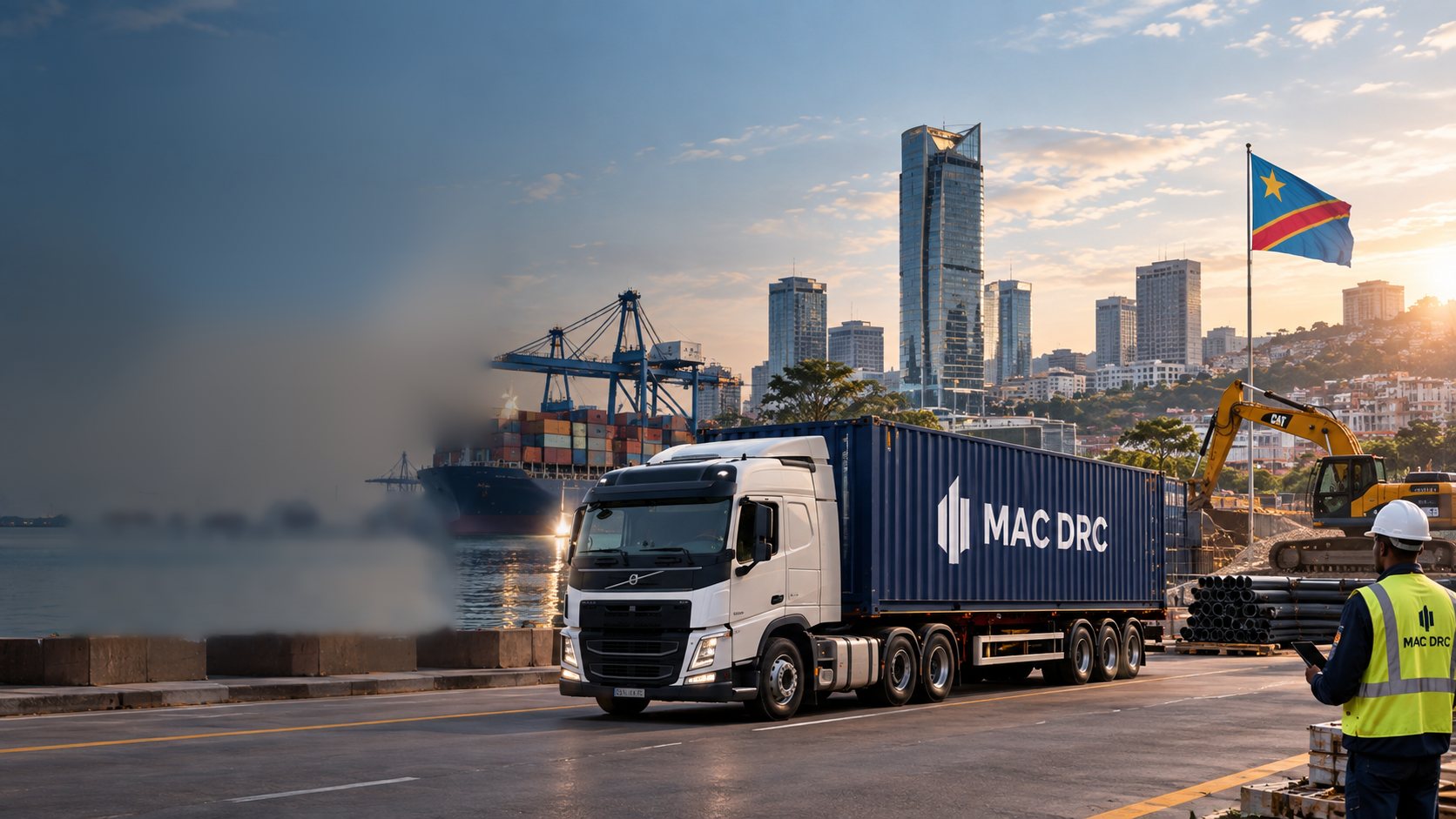 Camion porte-conteneur MAC DRC devant le port, la ville et le drapeau de la RDC